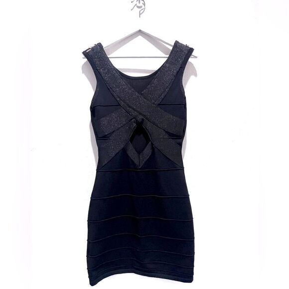 Y2K 2b Bebe Black Metallic Gold Sequin Bandage Sleeveless Cutout Back Slip - Picture 10 of 14